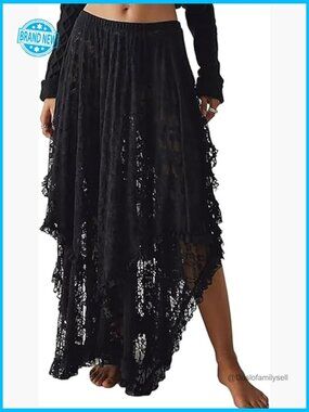 Flowy Boho Maxi Skirt Asymmetrical Layered See-Through Long Skirt Elastic Waist